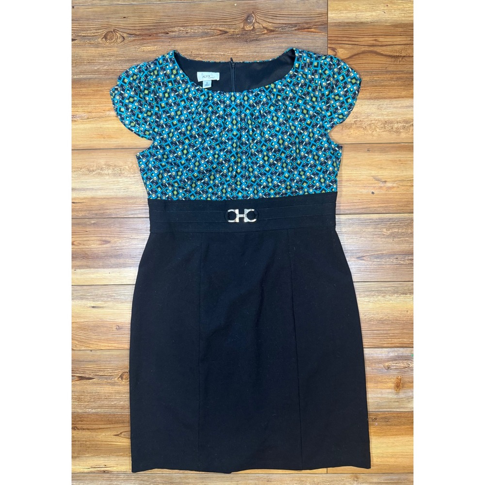 Alyx Limited Geometric Print Sheath Dress Black Teal Cap Sleeve Size 12